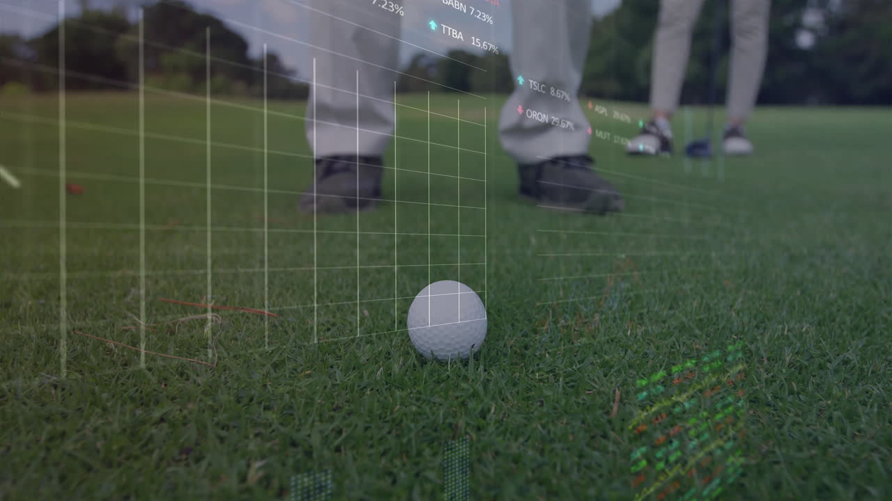 Senior man and mature woman examining putting green, showing AR finance charts over grass