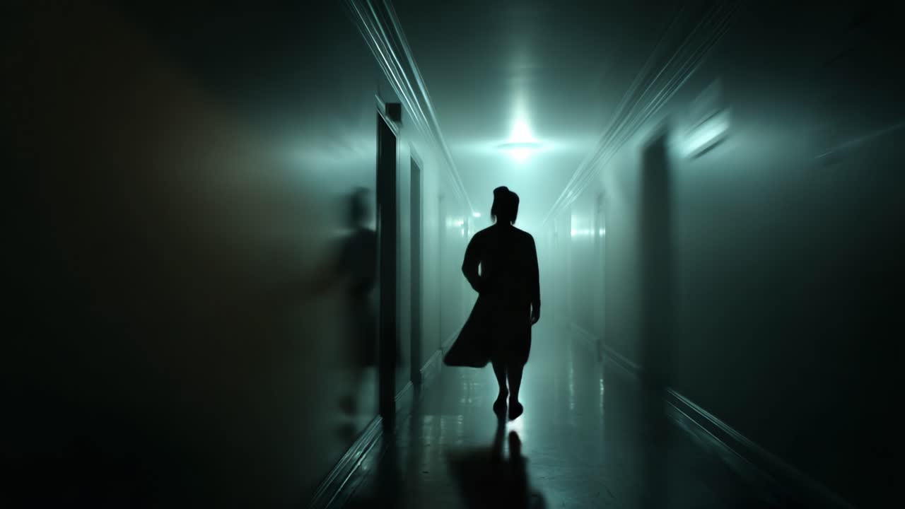An Eerie Encounter in a Dimly Lit Hallway: The Shadowy Figure Emerges from the Mist and Navigates Through the Faintly Lit Passageway
