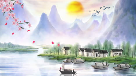 daytime ancient traditional chinese japanese landscape style color ink landscape plum blossom painting of calm trees, mountains, flowers, lake, water, birds, blue sky, boat, cherry blossoms season