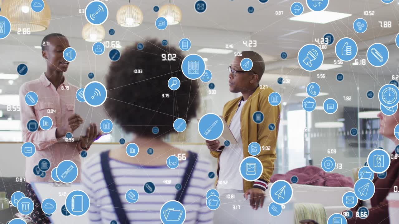 Animation of network of connections with icons over man and dentist working in warehouse