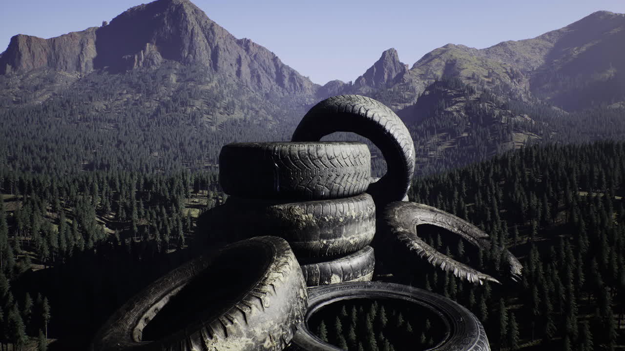 Pile of old tires in a scenic mountain landscape during daylight hours