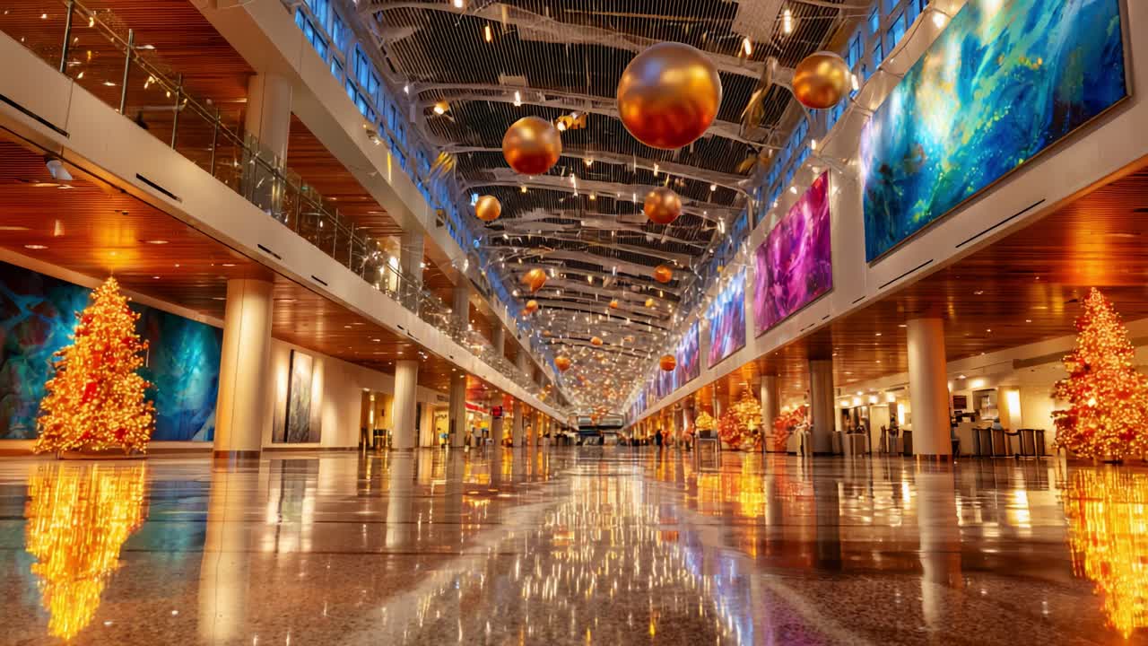 A Stunning Display of Holiday Cheer in a Modern Terminal, Featuring Vibrant Art Installations and Glimmering Decorations Enhancing the Festive Atmosphere