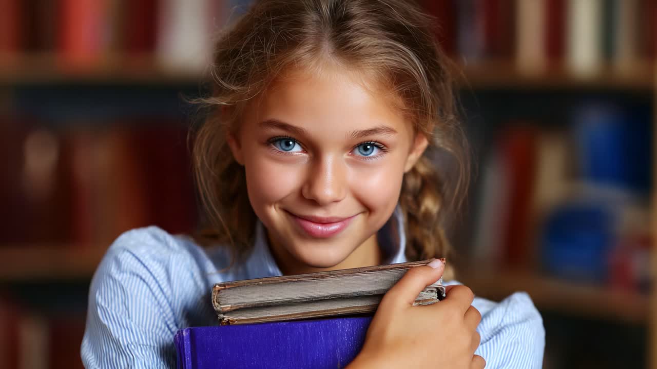 Lachend jong meisje met boeken in een bibliotheek, toont plezier in lezen en liefde voor literatuur tussen kleurrijke boekenplanken op de achtergrond
