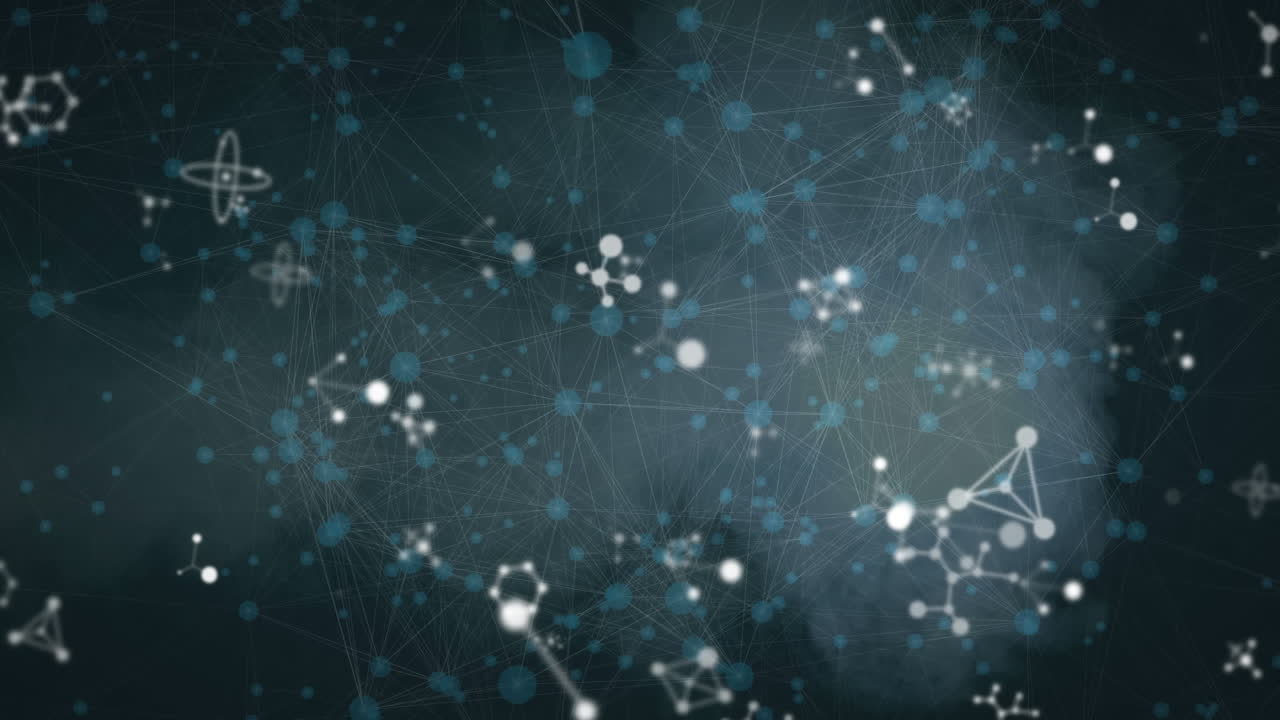 animación de moléculas y red de conexiones sobre fondo negro