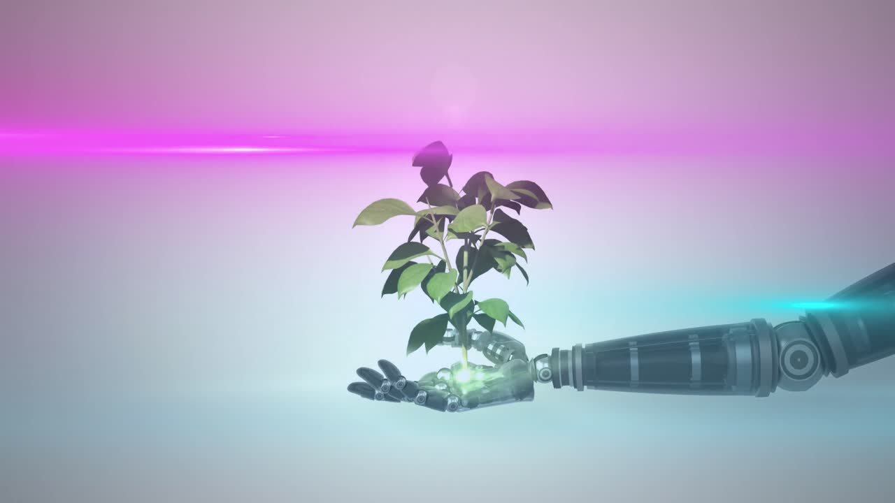 animación de una planta en crecimiento en la mano del brazo del robot, con luz rosa sobre fondo gris
