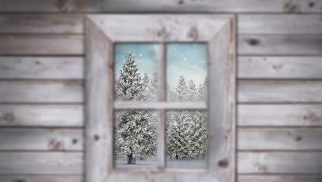 Animation-Von-Schnee,-Der-über-Die-Weihnachtliche-Winterlandschaft-Fällt-Und-Durch-Das-Fenster-Gesehen-Wird