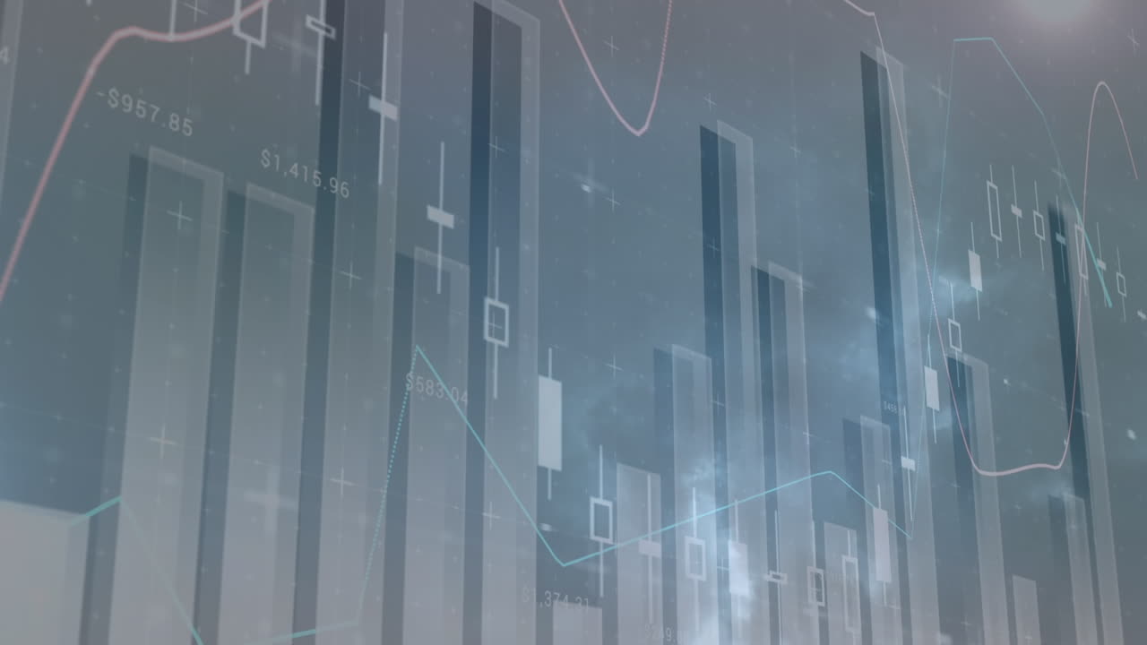 Composite video of statistical data processing against thunders in the sky