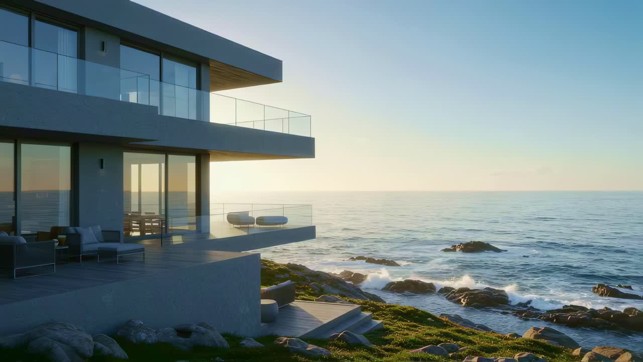 A contemporary coastal residence that features stunning views of the tranquil ocean waves as they crash against the rocky shoreline at sunset