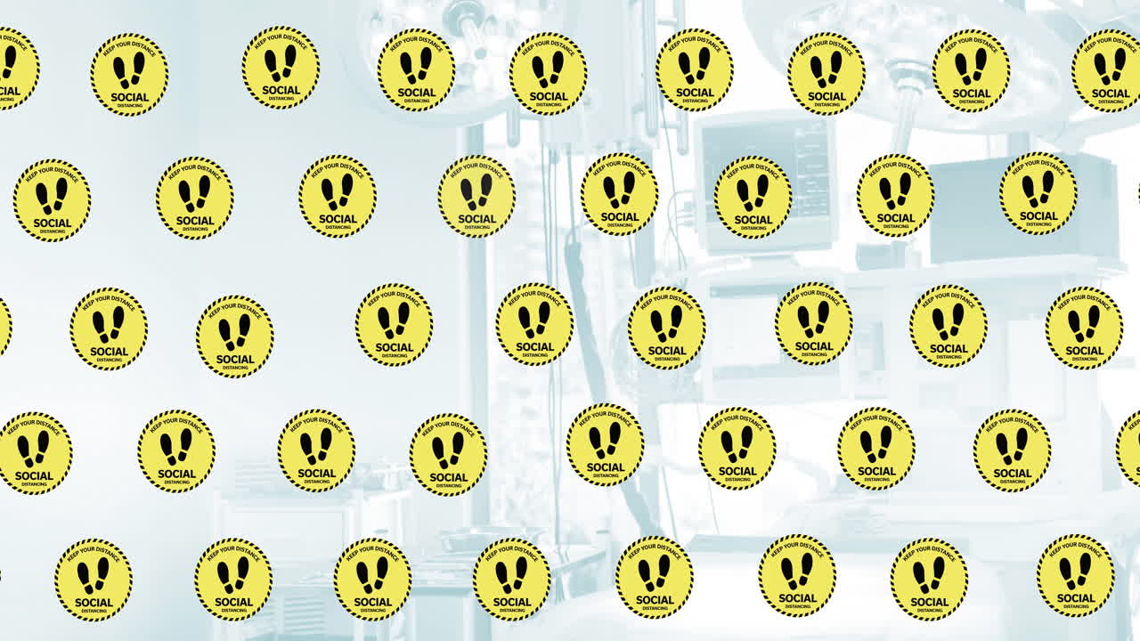 병원 위로 이동하는 사회적 거리두기 아이콘의 애니메이션