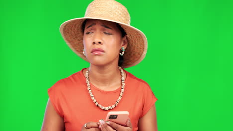 Green-screen,-lost-and-woman-with-a-smartphone