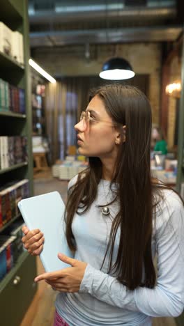 woman browsing a bookstore with a tablet