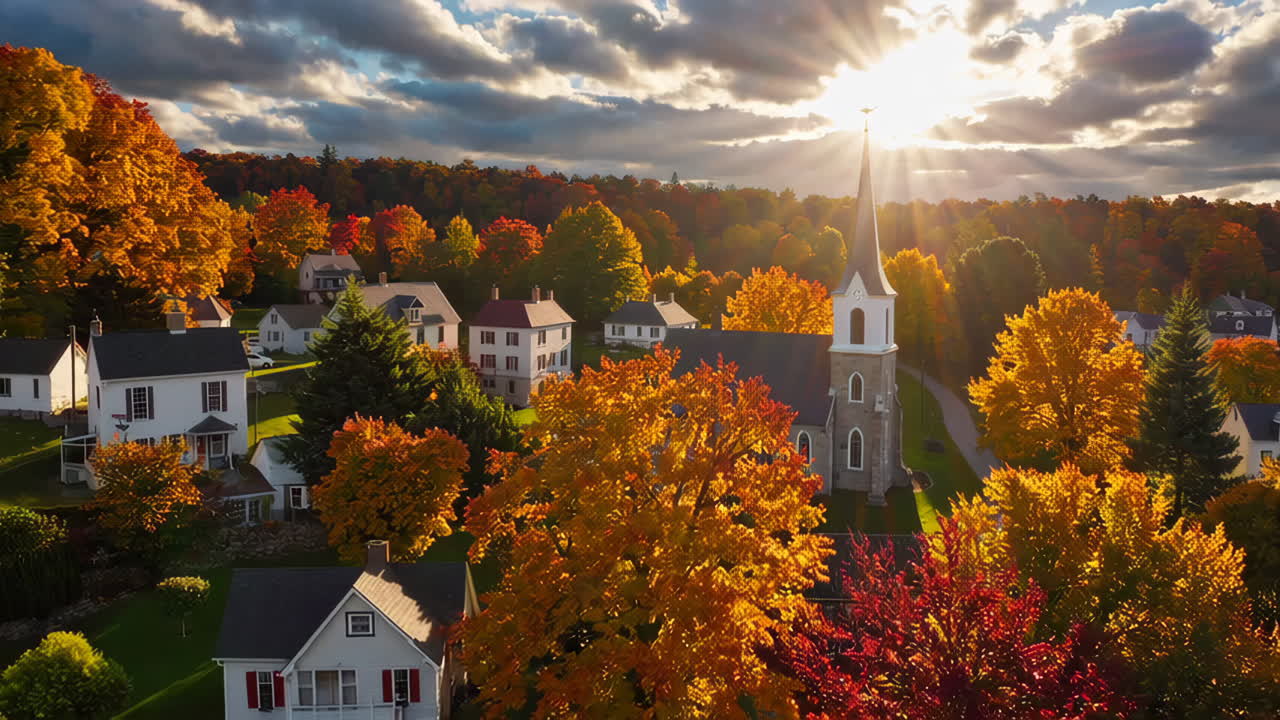 Autumn Village Scene with Church and Colorful Trees
