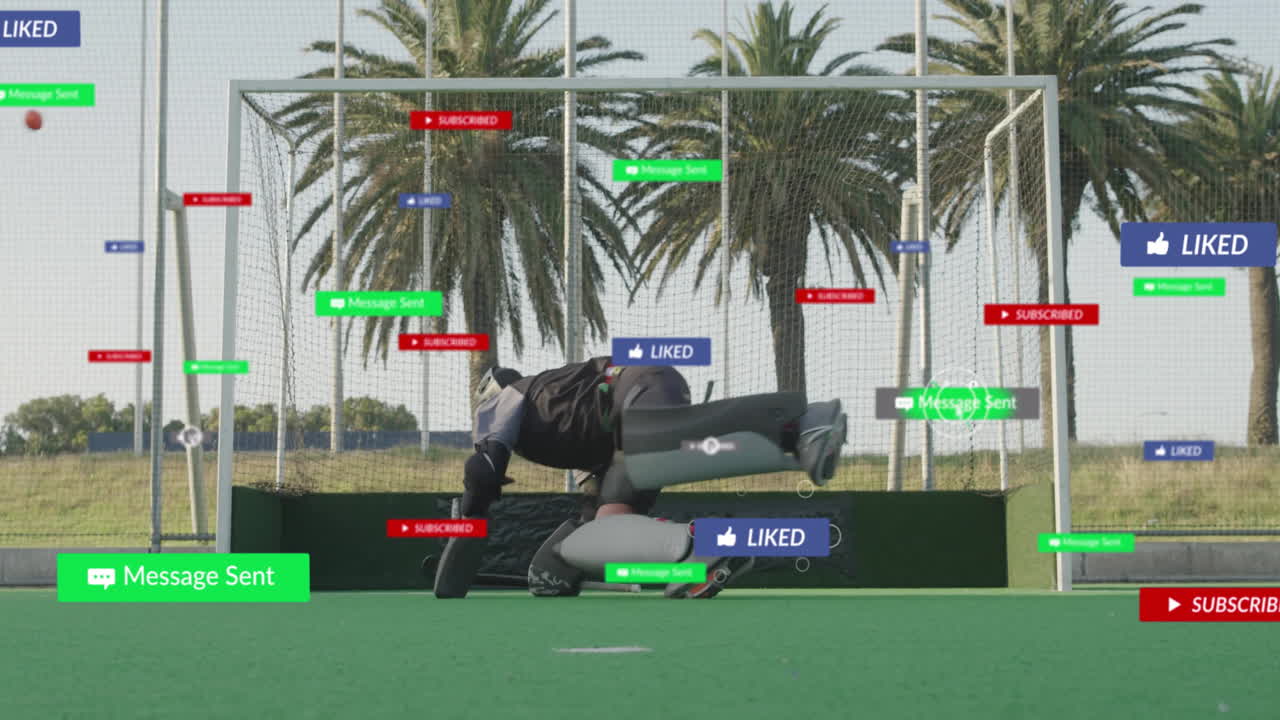 Playing hockey, athlete with animation of social media notifications in action