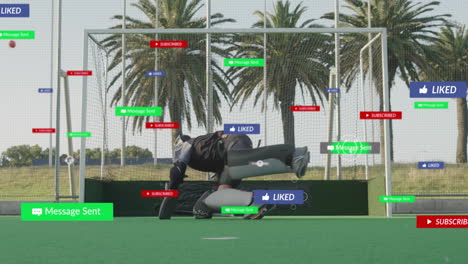 playing hockey, athlete with animation of social media notifications in action