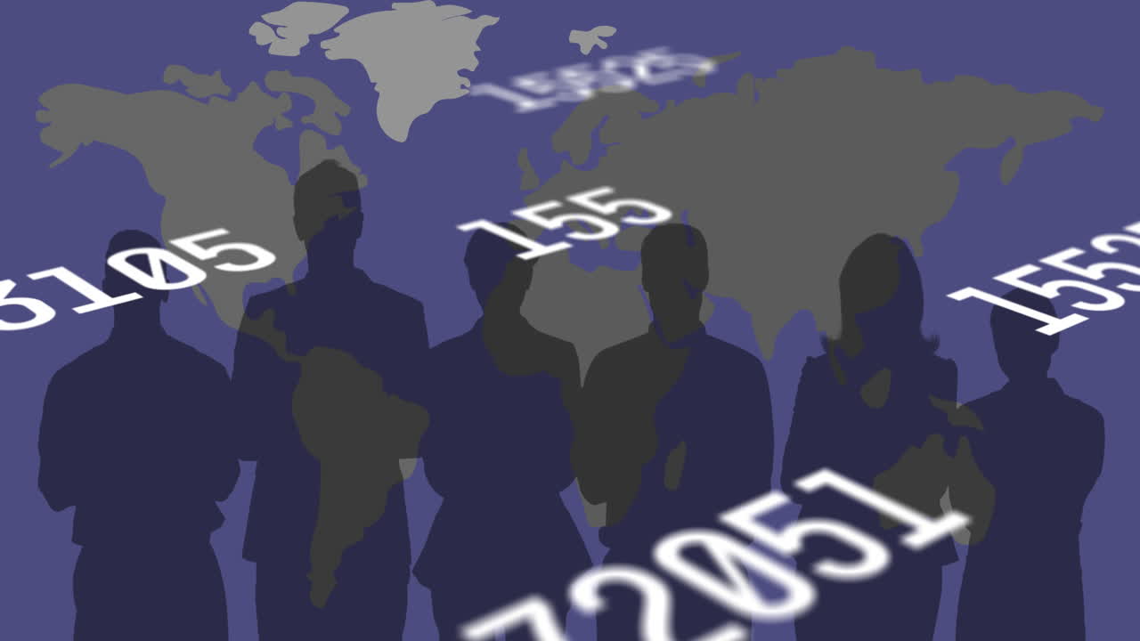 사람 의 실루 ⁇  과 세계 지도 에 따라 변화 하는 숫자 들 의 애니메이션