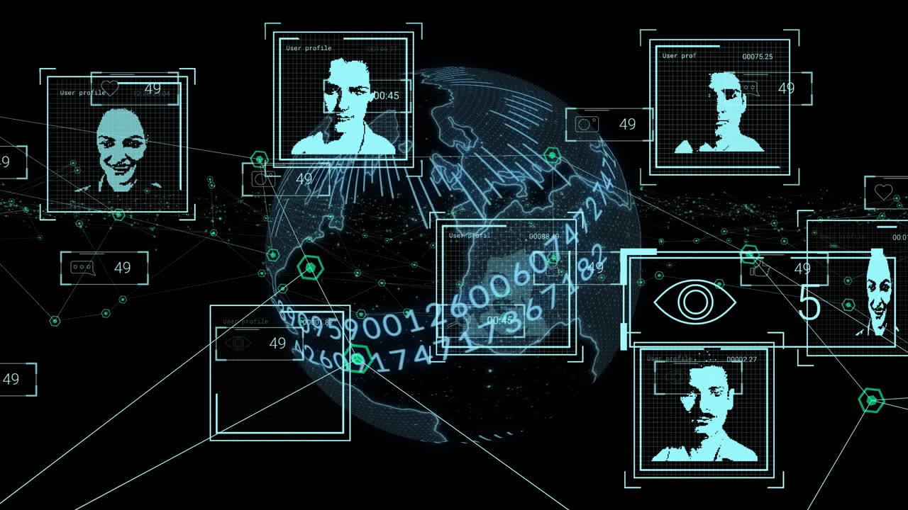 animación de iconos de perfiles múltiples sobre un globo giratorio y una red de conexiones