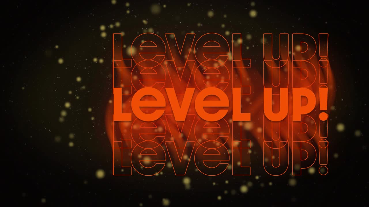 Orange LEVEL UP! text appearing dark field outlines vibrating fading echoing and dots drifting