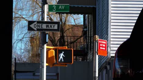Pedestrian-traffic-light-countdown,-Red,-white,-One-Way-Sign,-4K-60P-Daytime,-Brooklyn-New,-York-City