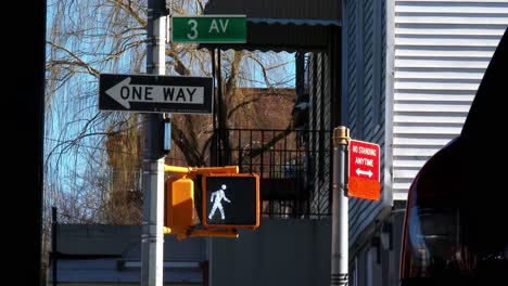 pedestrian traffic light countdown, red, white, one way sign, 4k 60p daytime, brooklyn new, york city