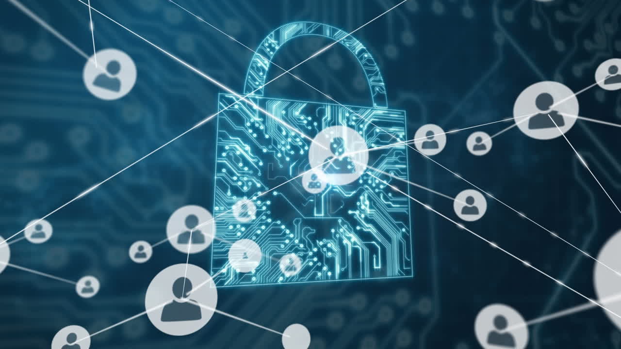 animación de la red de conexiones con iconos sobre el candado de seguridad en línea