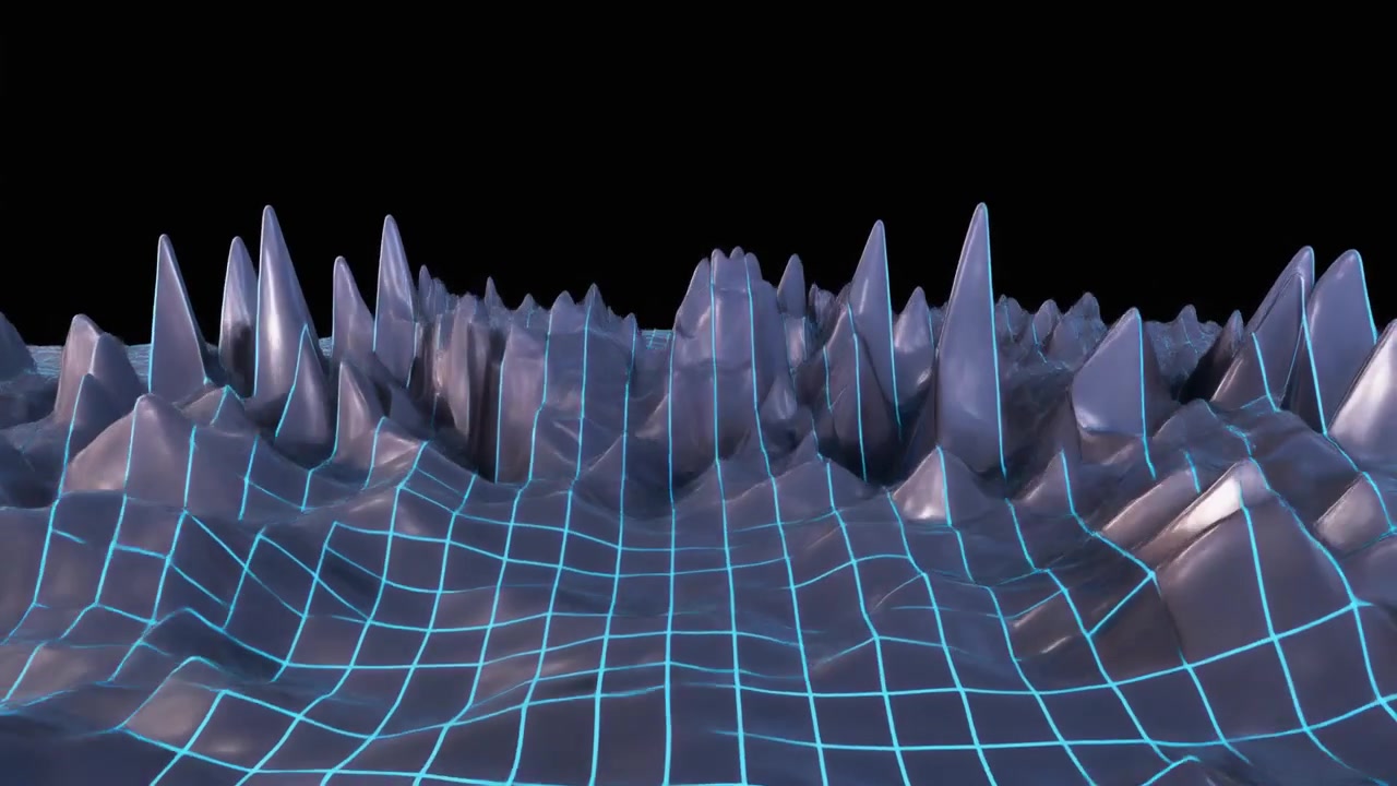 Abstract Digital Landscape with Glowing Blue Grid and Spiky Terrain