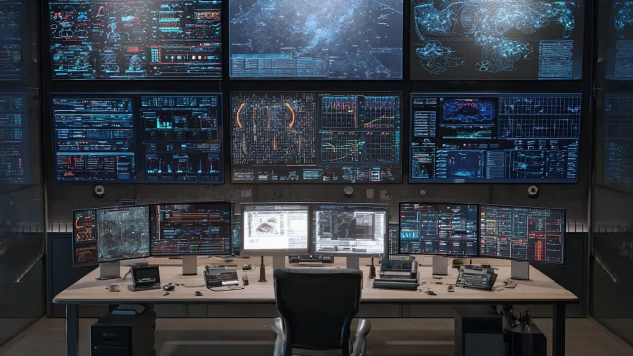 Una sala di controllo ad alta tecnologia che mostra complesse visualizzazioni di dati e dashboard analitici in un moderno ambiente di sorveglianza e monitoraggio