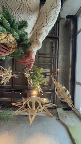 christmas decorations displayed in an industrial-style space