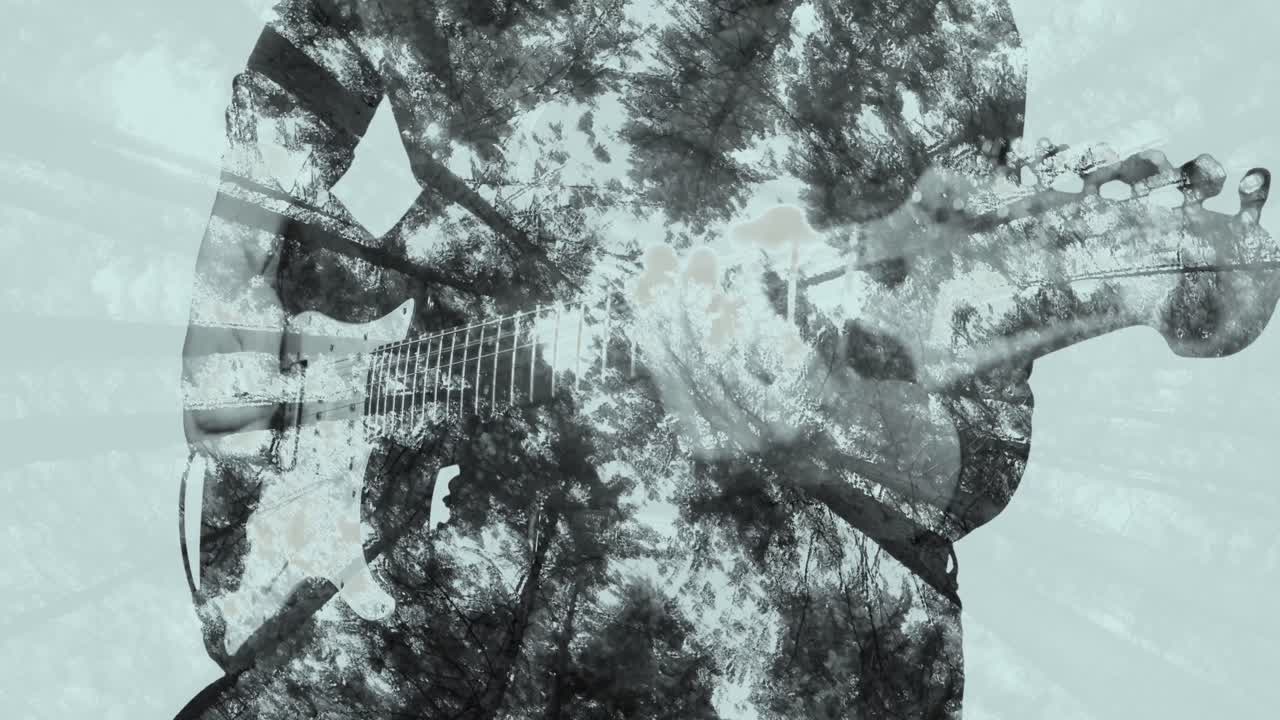 Animation of rotating tree tops over caucasian man playing guitar in black and white