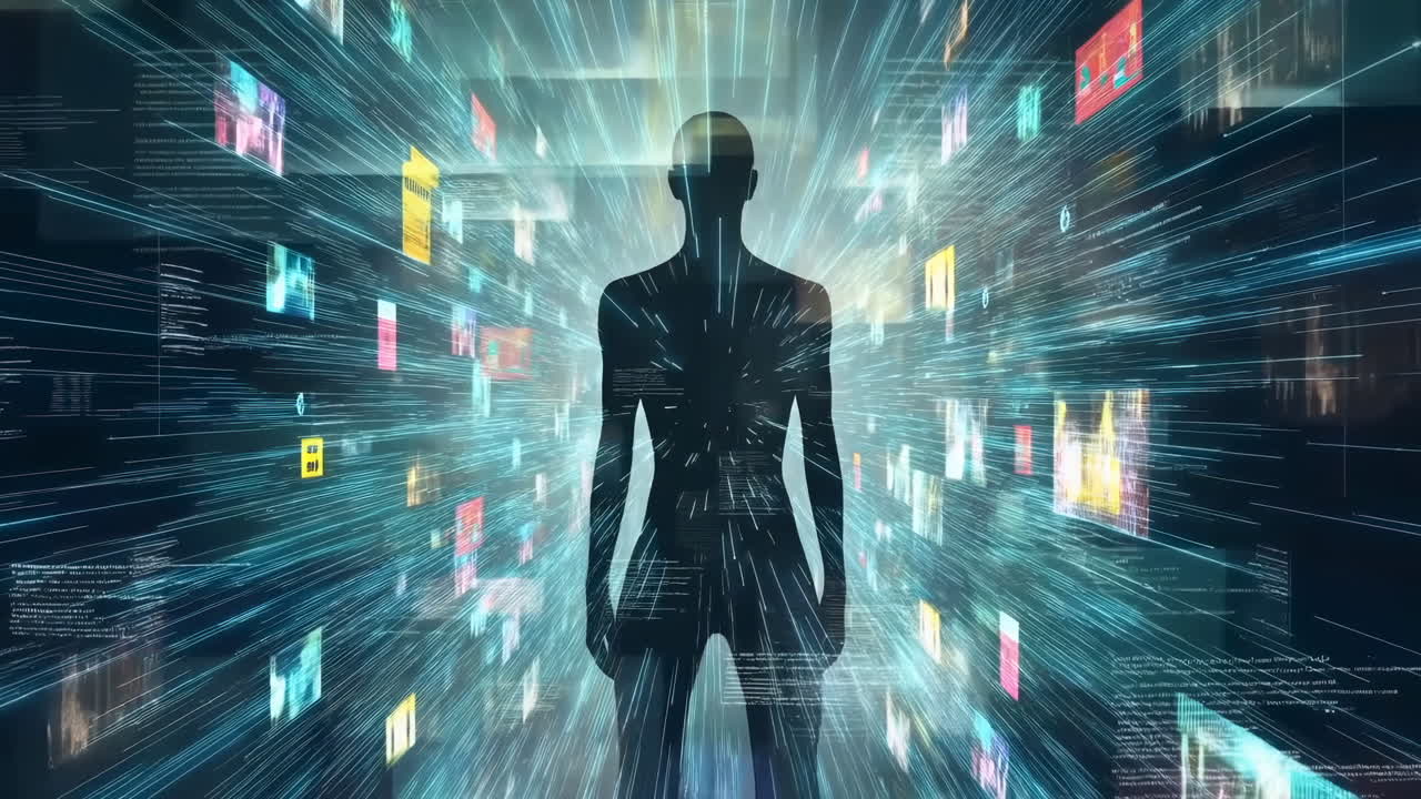 Silhouette Asian Figure In Data Tunnel Surrounded By Streaming Code Panels, Neon Icons, Rapid Motion Blur Mood