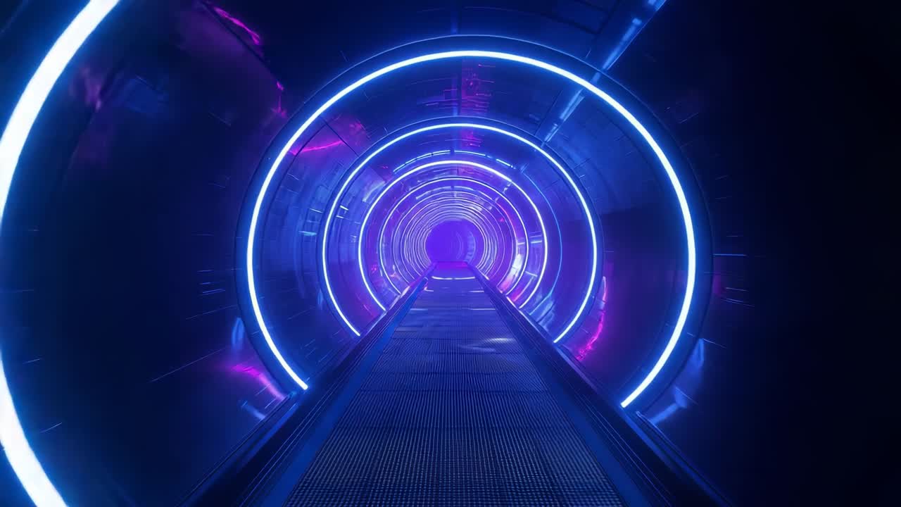 Activating moving walkway carrying viewer through tunnel, with neon rings pulsing for light show