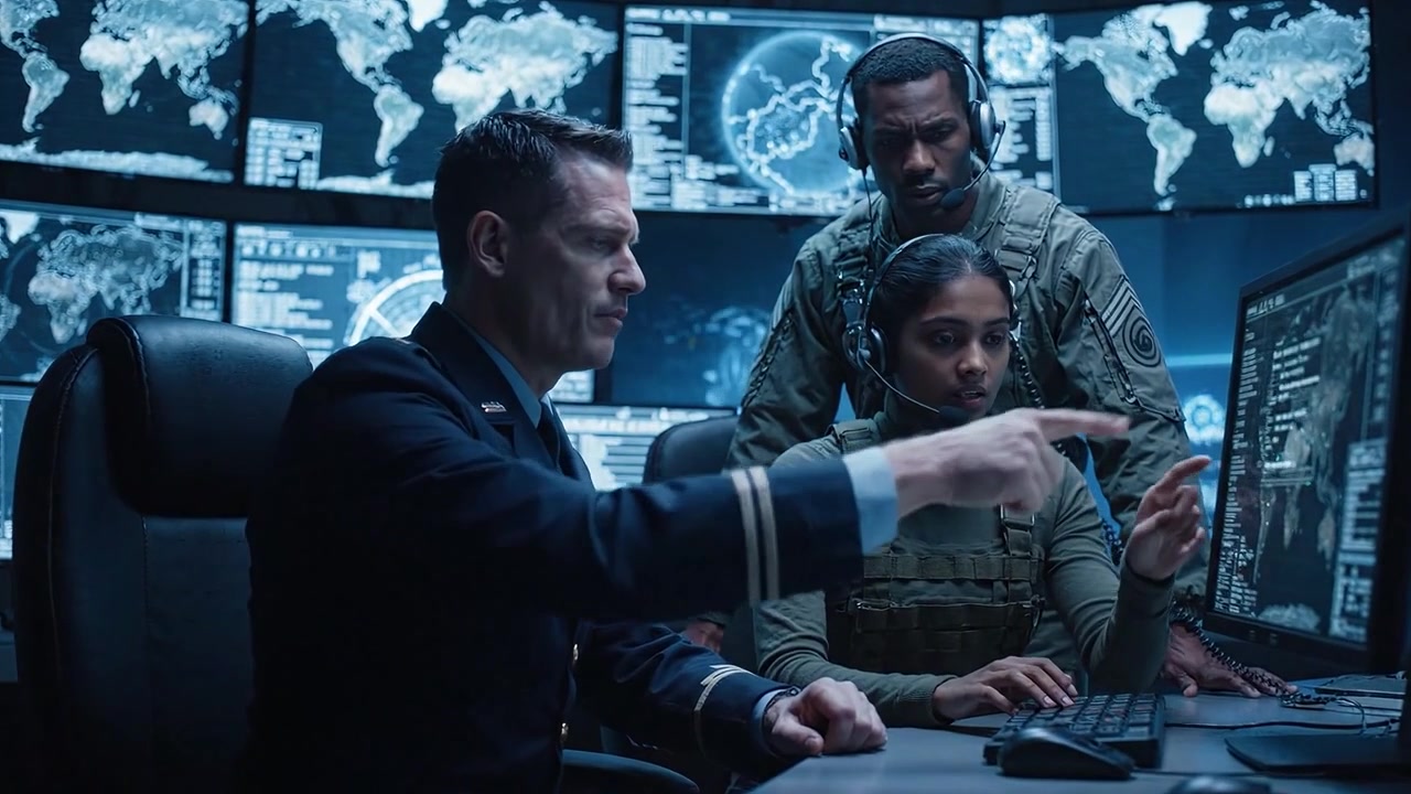 Strategic Military Operations: A Focused Team in a High-Tech Command Center Analyzing Data and Coordinating Action in an Advanced War Room Environment