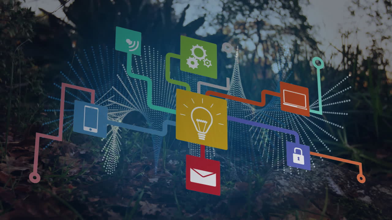 Digital network icons connecting over forest background in animated scene