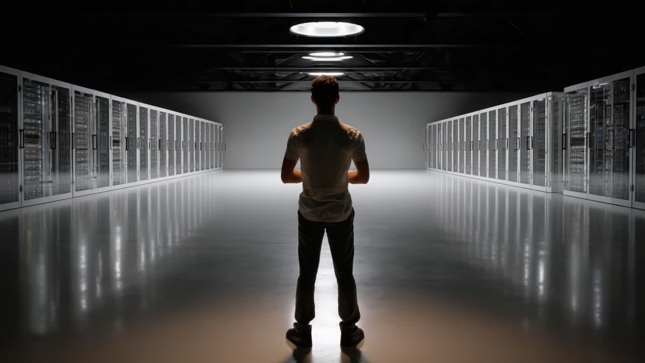 Una figura solitaria si erge in un vasto data center vuoto, circondata da file di server rack, illuminata da una luce centrale dall'alto, trasmettendo un senso di contemplazione