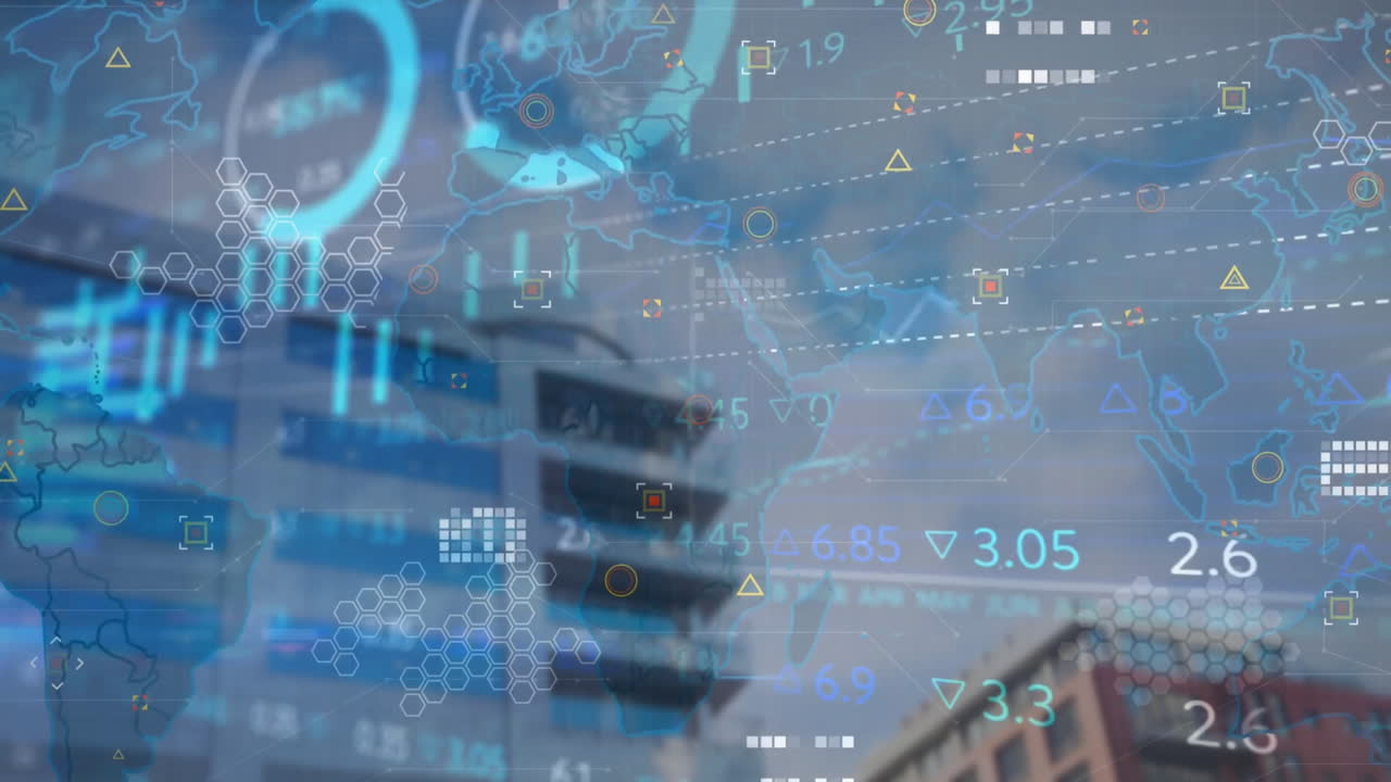 그래프, 로딩 서클 및 무역 보드의 애니메이션은 구름이 많은 하늘에 대한 현대적인 건물 위에 있습니다.