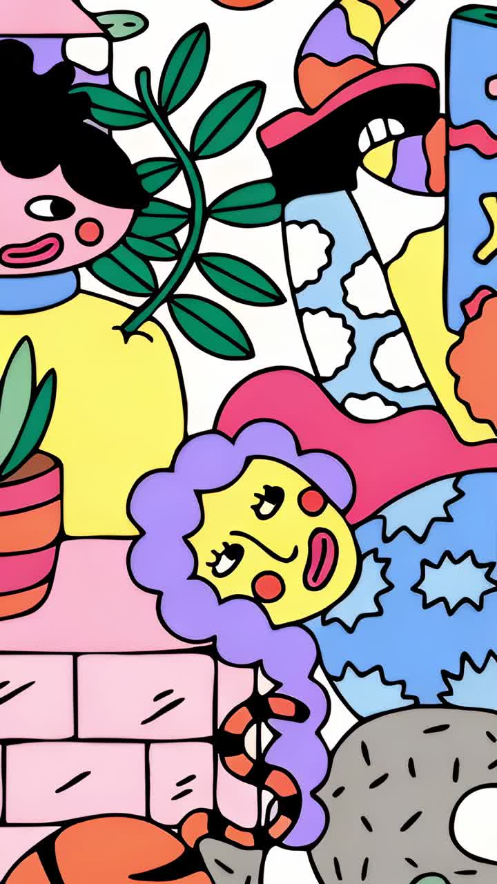 Vertical video: Capturing static mural depicting stylized figures on brick wall with potted plant