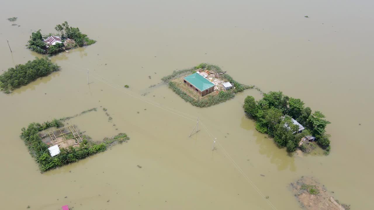 Flooded Village After Tropical Storm In Bangladesh, South Asia. Aerial Drone Shot