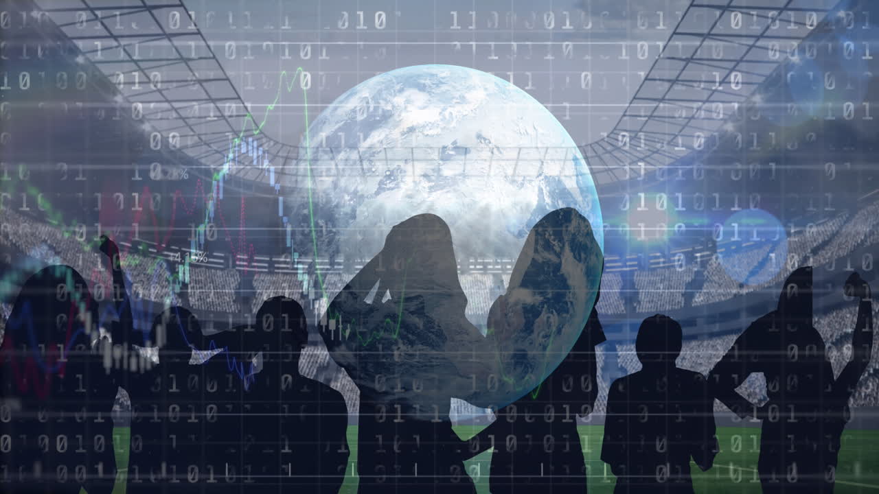 경기장 에 있는 스포츠 팬 들 에 대한 그래프 와 데이터 처리 와 함께 전 세계 의 애니메이션