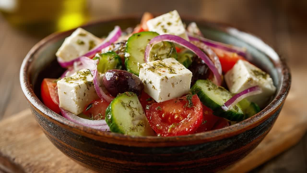 A Fresh and Colorful Greek Salad with Feta Cheese, Cucumbers, Tomatoes, Red Onions, and Olives, Perfectly Seasoned with Herbs in a Rustic Bowl