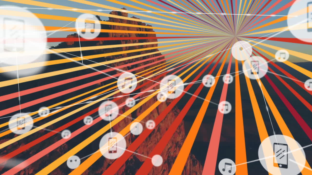 Colorful lines and music icons creating animation over mountain landscape