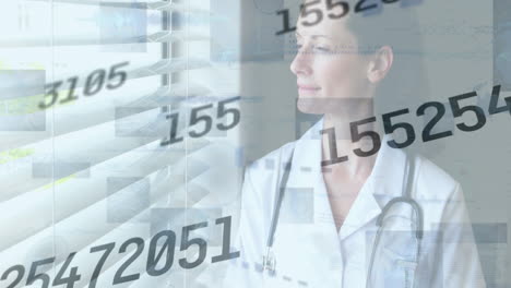 animación de números cambiantes y procesamiento de datos sobre una doctora con estetoscopio