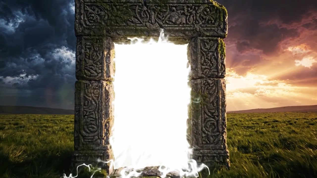 En mystisk portal dukker op midt i dramatiske himmelstrøg, der blander naturlige elementer og gådefuld arkitektur i et imponerende skue af lys og skygge ved horisonten.