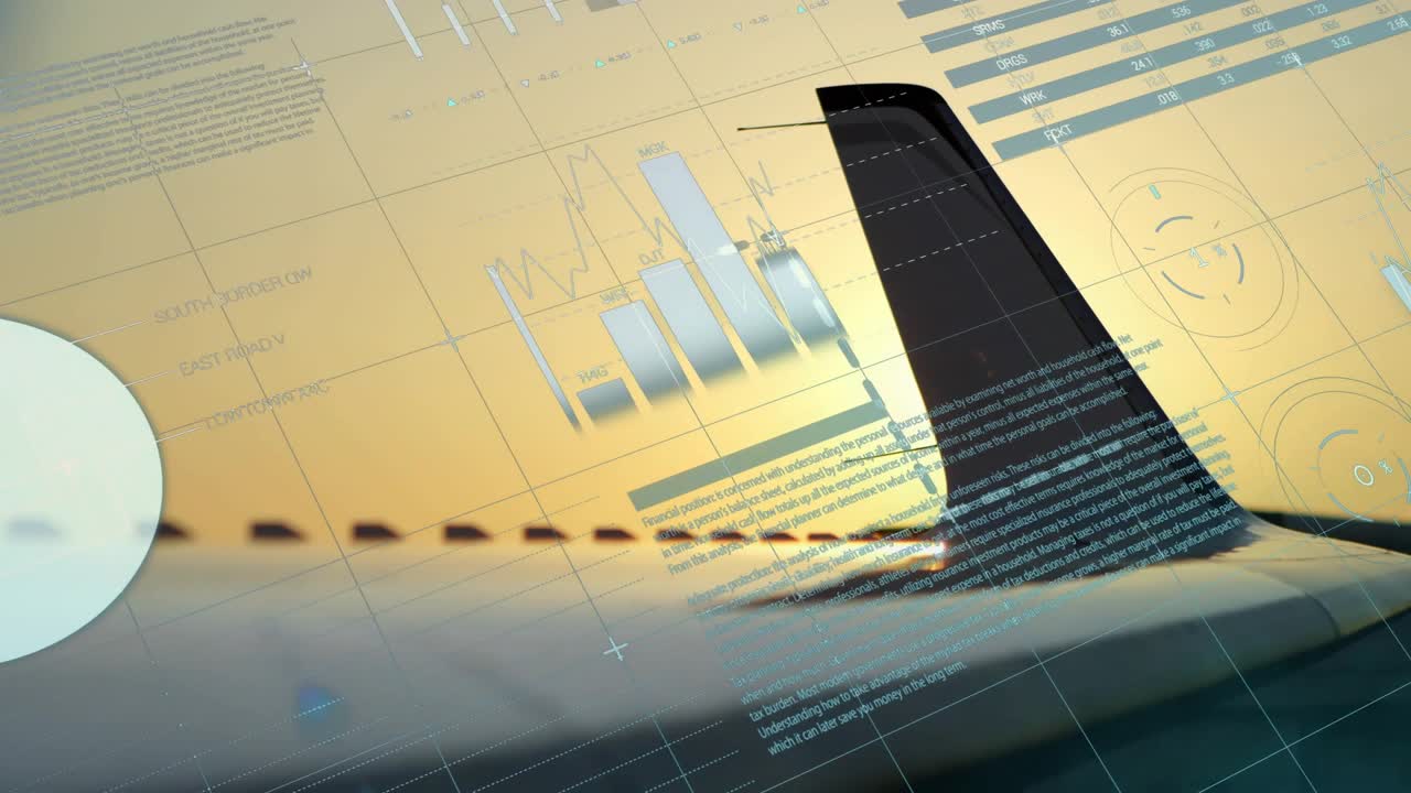 Solnedgangshimmel, der dukker op bag flyets hale, og som starter overlejringer med animering og visualisering af flyvemetrics