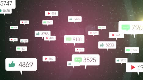 animation of social media icons and numbers on white banners over stars on pink sky