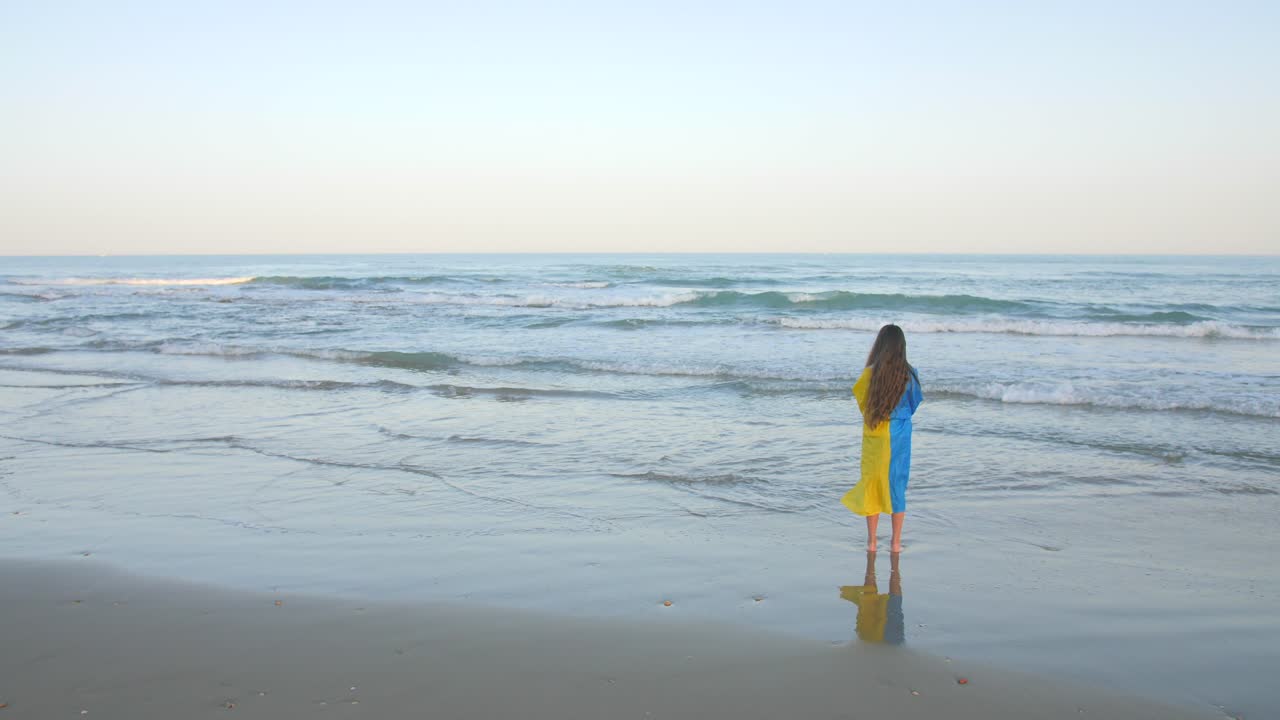 그녀의 뒤에 우크라이나 국기를 들고 바다를 마주하고 해안을 따라 서있는 젊은 금발 소녀의 후면보기