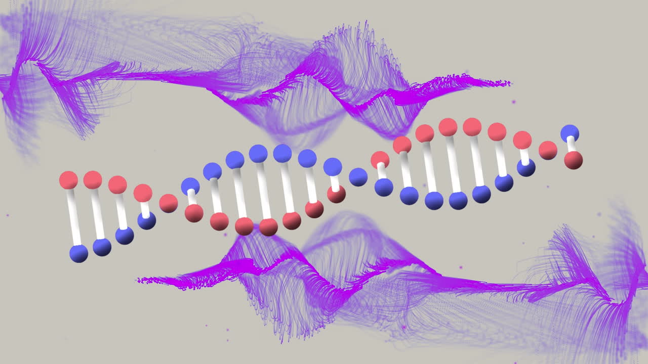 보라색 파동으로 베이지색 배경에 있는 dna 사슬의 애니메이션