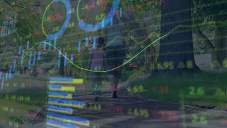 Walking-in-park,-people-with-financial-data-charts-animation-overlay