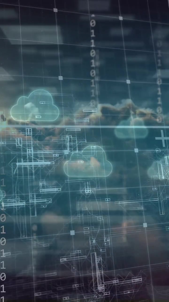 Vertical video: Grid shift initiating clouds and HUD drifting, binary rising, showing cloud network