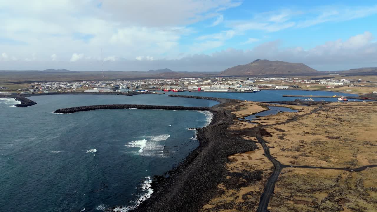 aerial view of Grindavík fishing town on the south coast of the Reykjanes peninsula