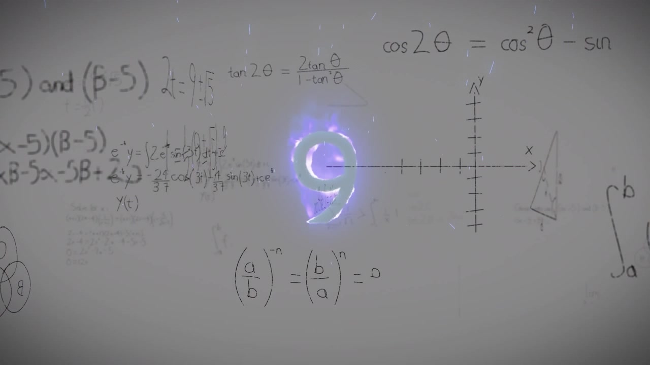 Animazione di un 9 in fiamme e formule matematiche che si muovono su sfondo grigio