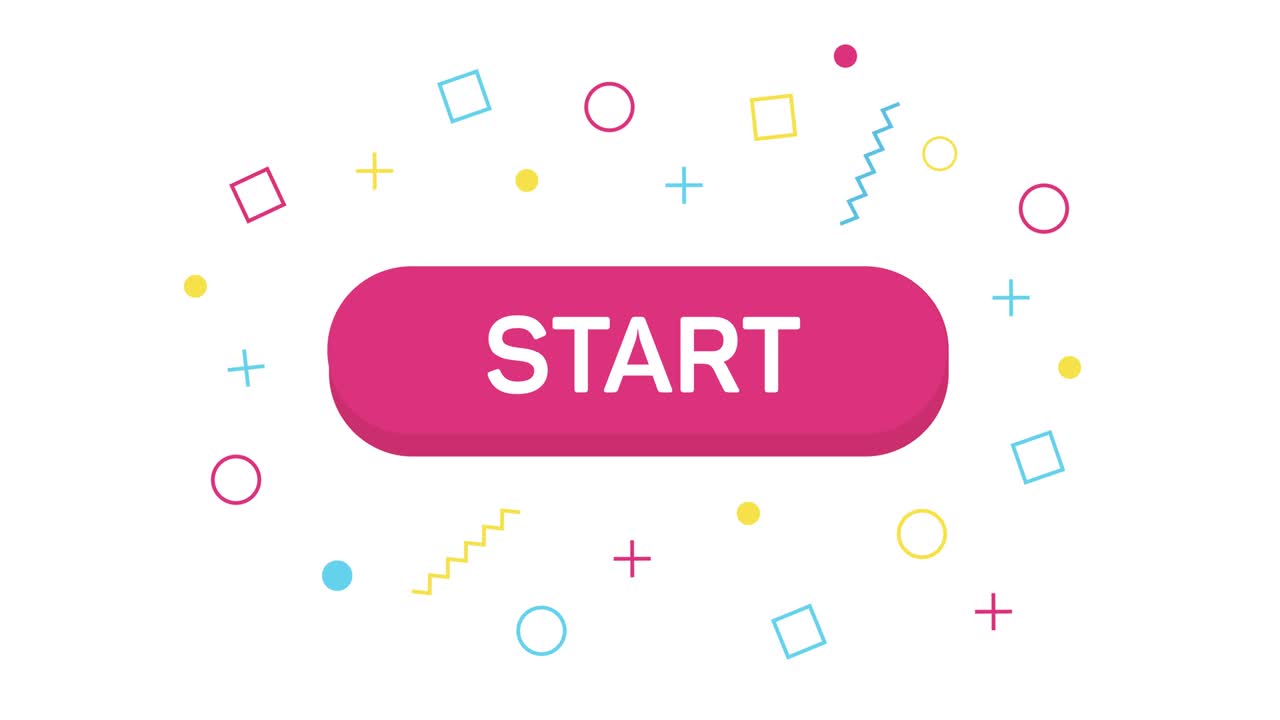 Testo animato "Start" di un banner Memphis di tendenza in stile piatto con forme geometriche. Concetto di banner, poster e adesivo. Motion graphic video 4K